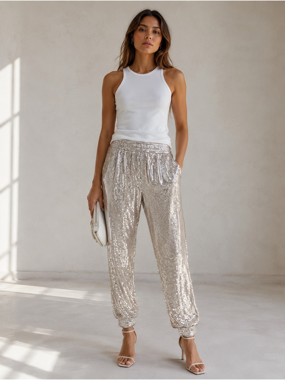 Pinko Champagne Sequin High Rise Slim Jogger Pants S Sparkle Party Evening